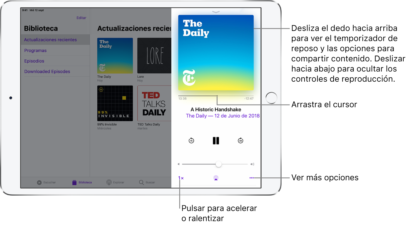 Controles de reproducción de podcasts en la parte derecha de la pantalla. En el centro está el control para reproducir o poner en pausa el podcast. Debajo se encuentra el control del volumen. En la parte superior de la pantalla, se encuentra un regulador para retroceder o avanzar en el podcast. En la esquina inferior izquierda de la pantalla, se encuentra el control para cambiar la velocidad de reproducción. En la esquina inferior derecha, se encuentra el botón Más.