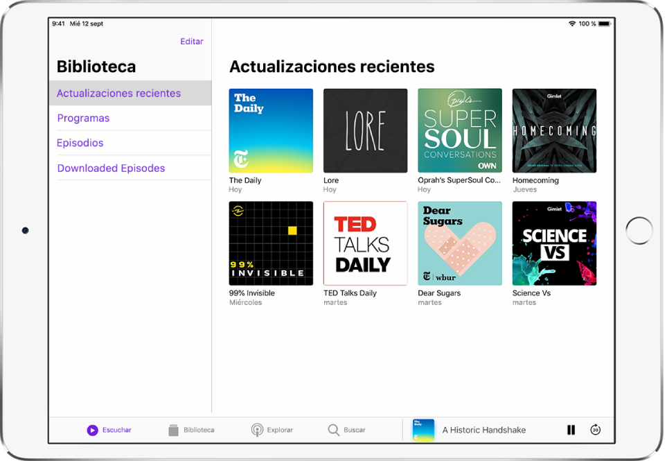 La pestaña Biblioteca con los podcasts que se han actualizado recientemente.