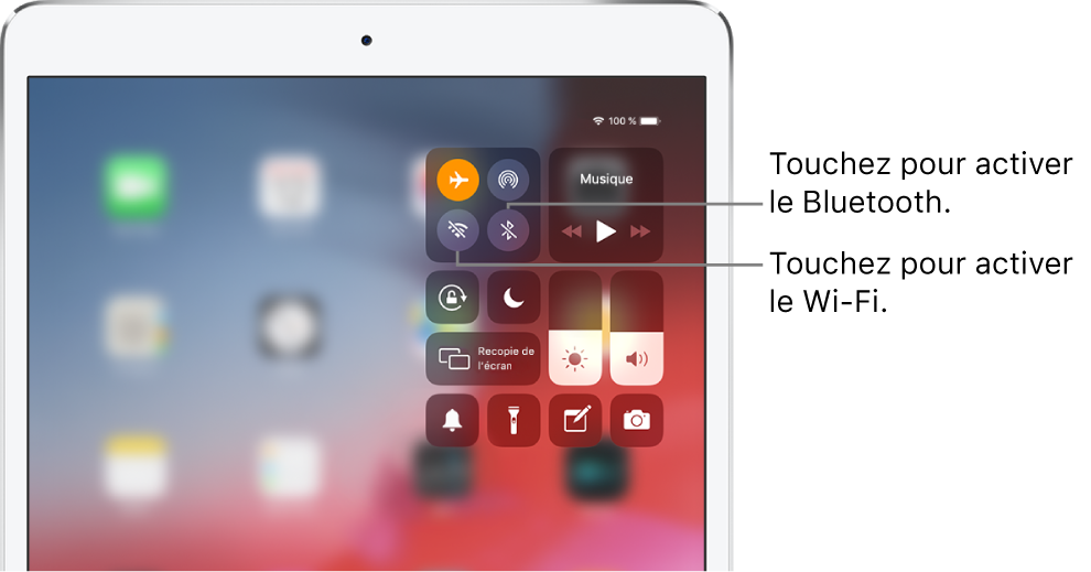 Le Centre de contrôle en mode Avion, avec des légendes expliquant comment activer le Wi-Fi en touchant le bouton en bas à gauche et comment activer le Bluetooth en touchant le bouton en bas à droite. Ces boutons se trouvent dans le groupe de commandes en haut à gauche.