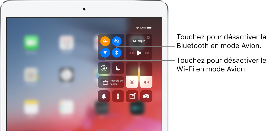 Le Centre de contrôle en mode Avion, avec des légendes expliquant comment désactiver le Wi-Fi en touchant le bouton en bas à gauche et comment désactiver le Bluetooth en touchant le bouton en bas à droite. Ces boutons se trouvent dans le groupe de commandes en haut à gauche.