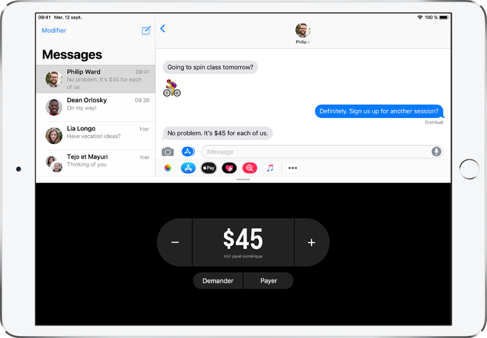 Une conversation iMessage avec l’app Apple Pay ouverte en bas.