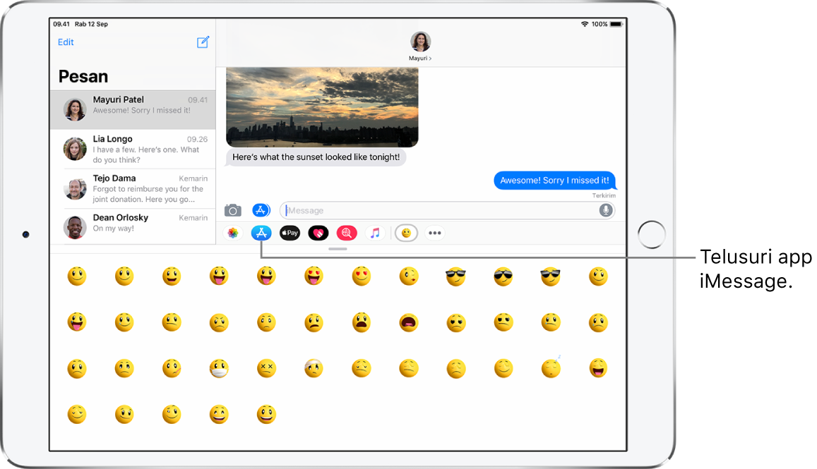 Jendela Pesan, dengan tombol Browser App dipilih. Rak app terbuka menampilkan stiker smiley.