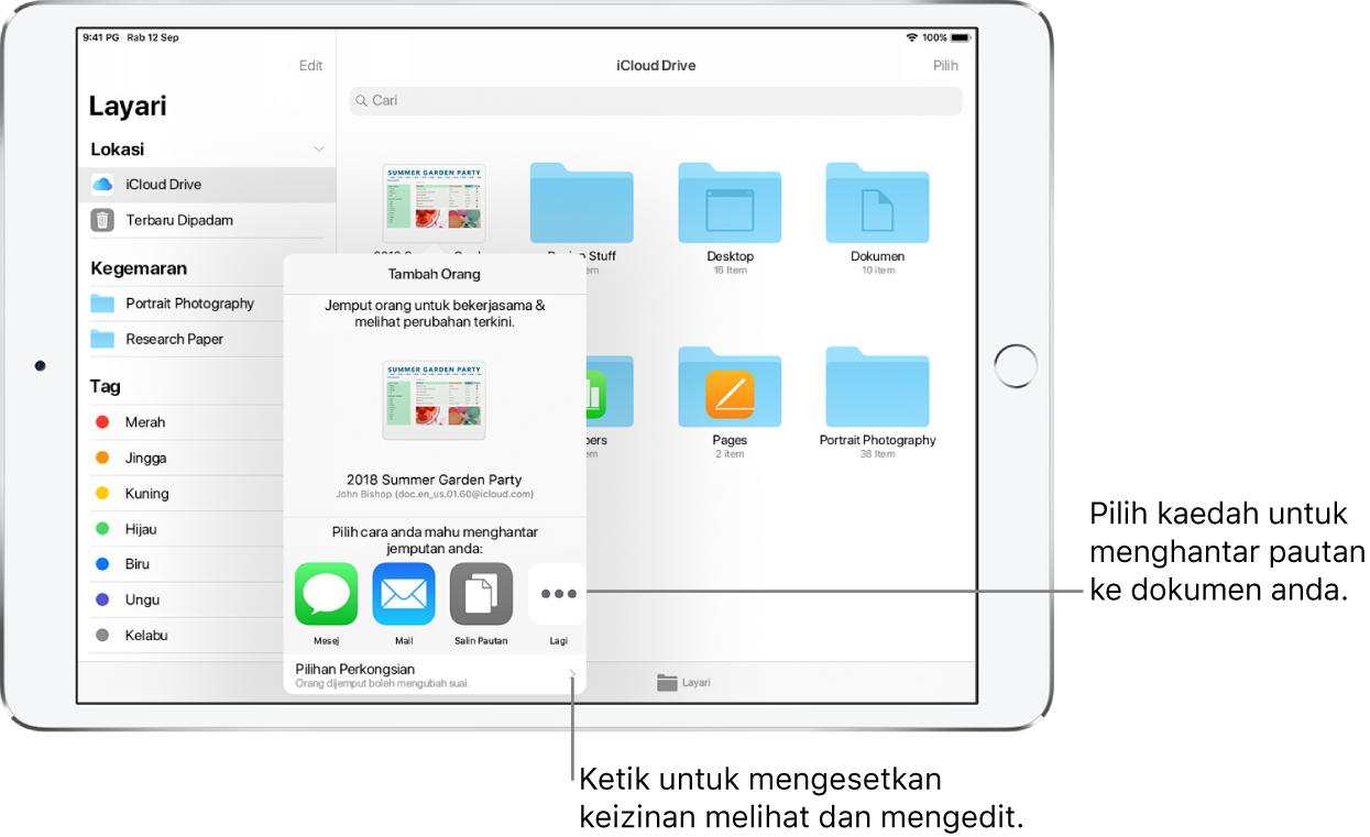 Skrin untuk menjemput orang melihat dan mengedit fail anda. Kaedah menghantar jemputan termasuk Mesej dan Mail. Pilihan Berkongsi muncul di bawah.