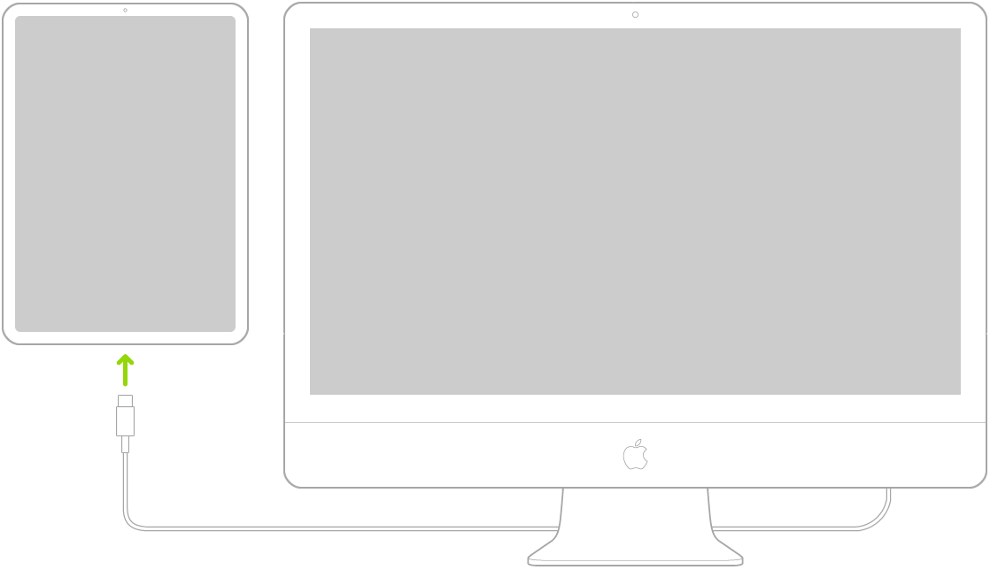 iPad koblet til en Mac-maskin med en USB-C-ladekabel.