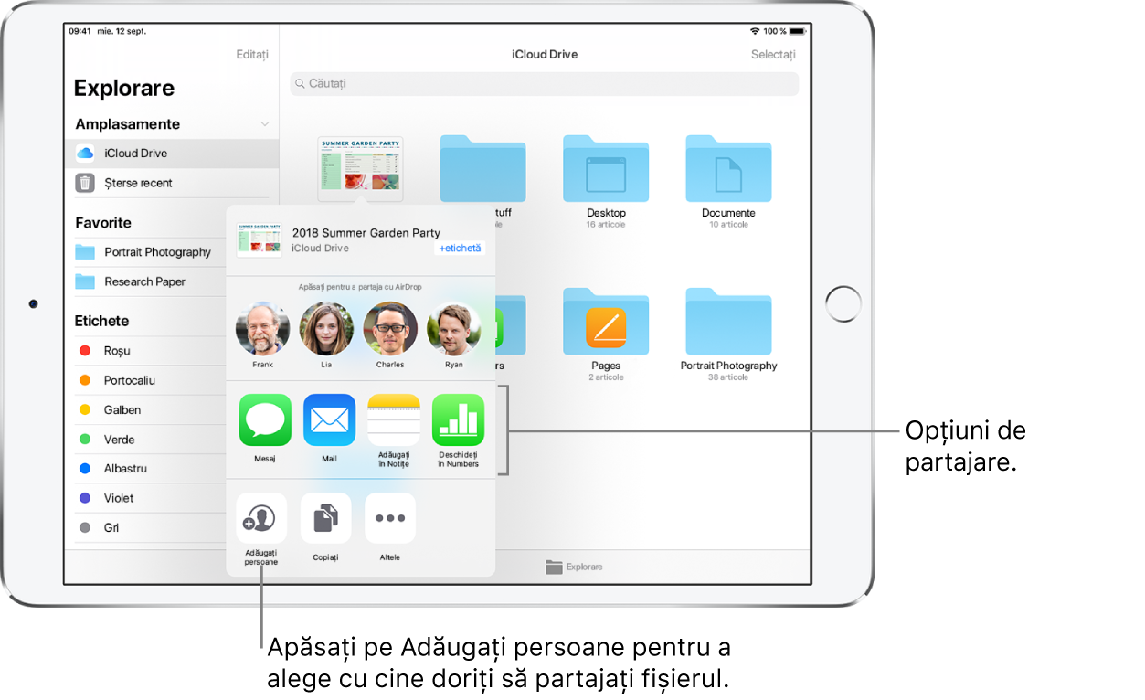 Ecranul Partajare fișiere. În partea de sus este fișierul selectat pentru partajare. Dedesubt sunt persoanele cu care puteți partaja folosind AirDrop. Rândul următor afișează opțiunile de partajare, inclusiv Mesaj, Mail, Adăugați în Notițe și Altele. Rândul de jos are butoane pentru acțiuni, inclusiv Adăugați persoane, Copiați și Altele.