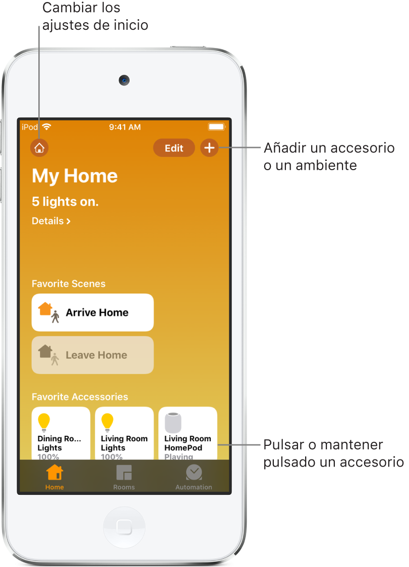 Pestaña Casa, con ambientes y accesorios que se han marcado como favoritos. Además se muestra un resumen del estado de la casa. También se muestran las pestañas Habitaciones y Automatización en la parte inferior de la pantalla.