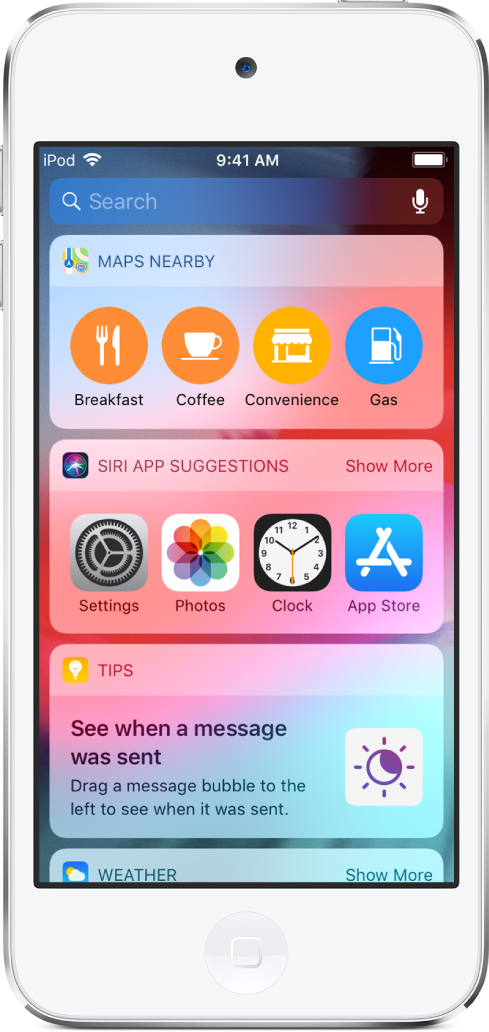 Visualización Hoy con los widgets de “Sitios cercanos”, “Sugerencias de Siri”, Consejos y Tiempo.