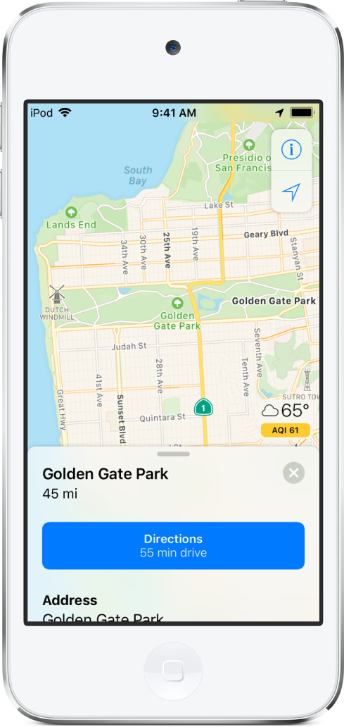 San Franciscon kaupunkikartta, jonka keskellä näkyy Golden Gate Park -puisto. Näytön alaosassa näkyy Reittiohjeet-painike.