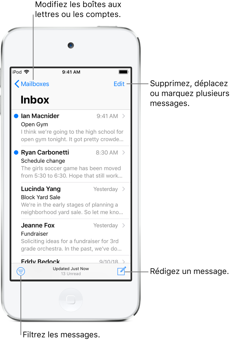 La boîte de réception affichant une liste d’e-mails. Le bouton Boîtes permettant de passer à une autre boîte aux lettres se trouve dans le coin supérieur gauche. Le bouton Modifier permettant de supprimer, déplacer ou marquer des e-mails se trouve dans le coin supérieur droit. Le bouton permettant de filtrer les e-mails pour n’afficher que certains d’entre eux se trouve dans le coin inférieur gauche. Le bouton permettant de rédiger un nouvel e-mail se trouve dans le coin inférieur droit.