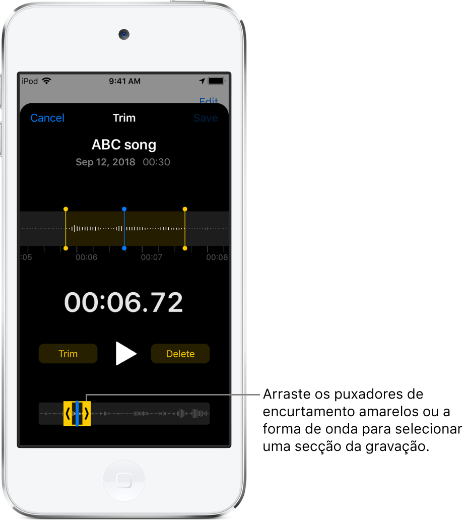 A gravação a ser encurtada com os puxadores de encurtamento que abrangem uma parte da forma de onda de áudio na parte inferior do ecrã. O botão Reproduzir e um temporizador de gravação aparecem por cima da forma de onda. Os puxadores de encurtamento encontram-se por baixo do botão Reproduzir.