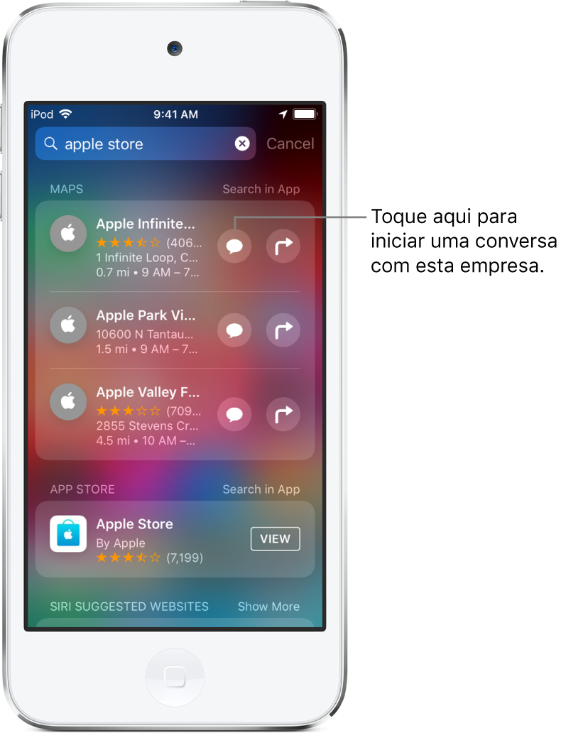 O ecrã Pesquisa a mostrar elementos encontrados relativos à Apple Store em Mapas, App Store e Websites. Cada elemento mostra uma breve descrição, classificação ou endereço. O primeiro elemento mostra um botão em que se pode tocar para iniciar uma conversa com a Apple Store.