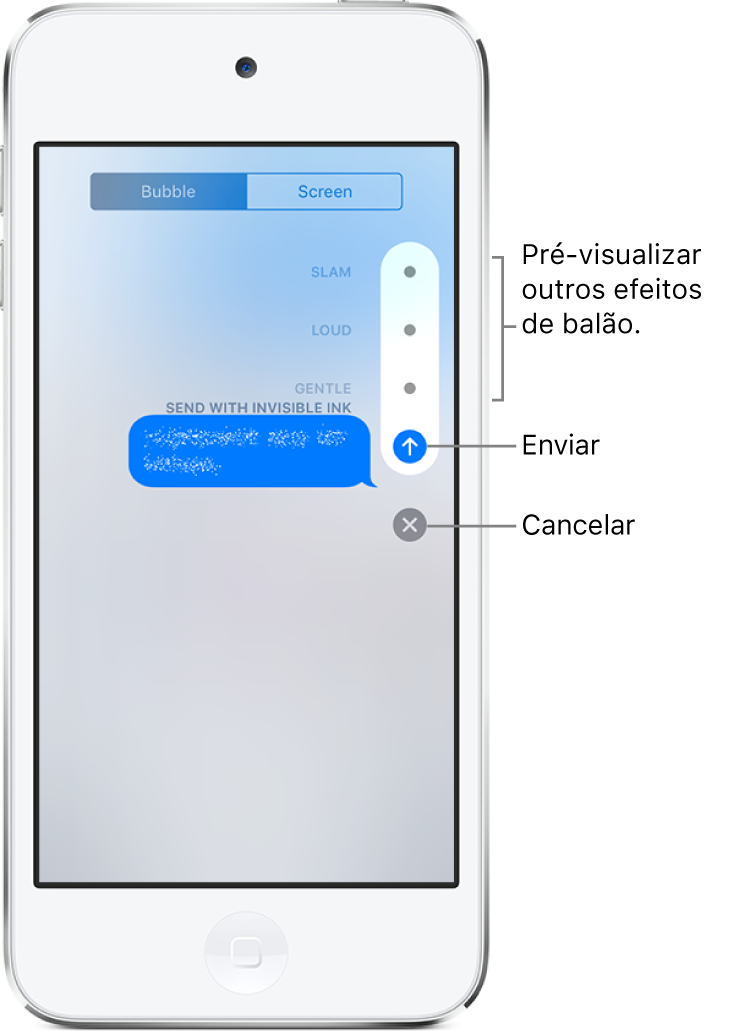 Pré-visualização da mensagem com o efeito de tinta invisível. À direita, toque num controlo para ver outros efeitos de balão. Volte a tocar no mesmo controlo para enviar ou em Cancelar para voltar à mensagem.