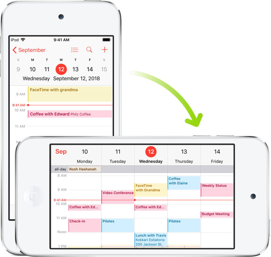 ในเบื้องหลัง iPod touch จะแสดงหน้าจอปฏิทิน ซึ่งแสดงกิจกรรมในหนึ่งวันในแนวตั้ง ในเบื้องหน้า iPod touch จะหมุนเป็นแนวนอน ซึ่งแสดงกิจกรรมในปฏิทินสำหรับทั้งสัปดาห์ที่มีวันดังกล่าวอยู่
