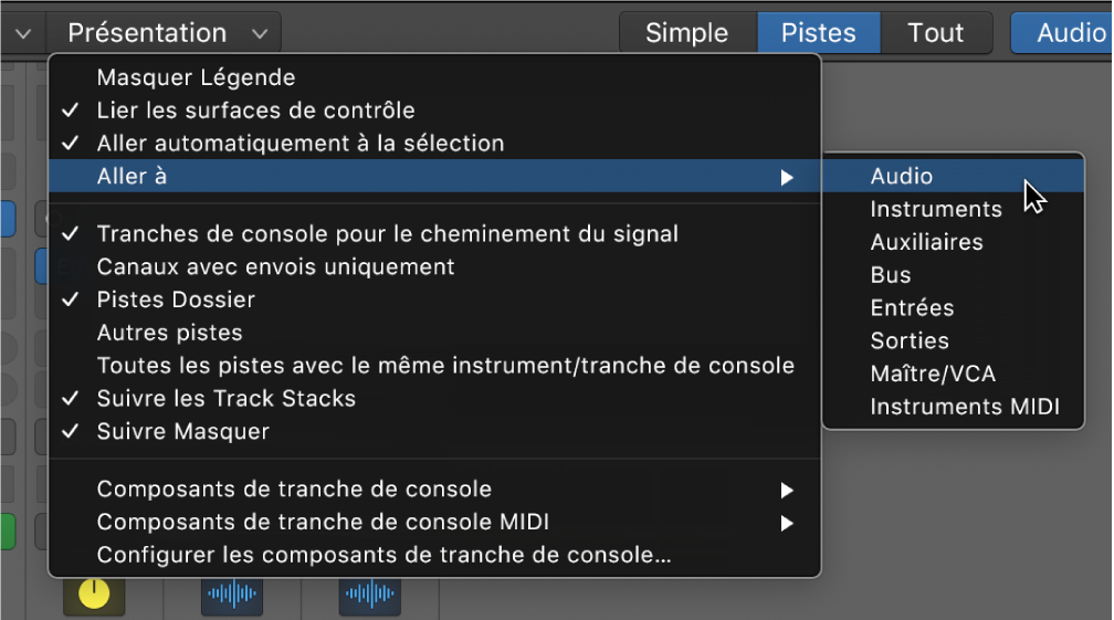 Figure. Sous-menu « Aller à » dans le menu Présentation de la table de mixage.
