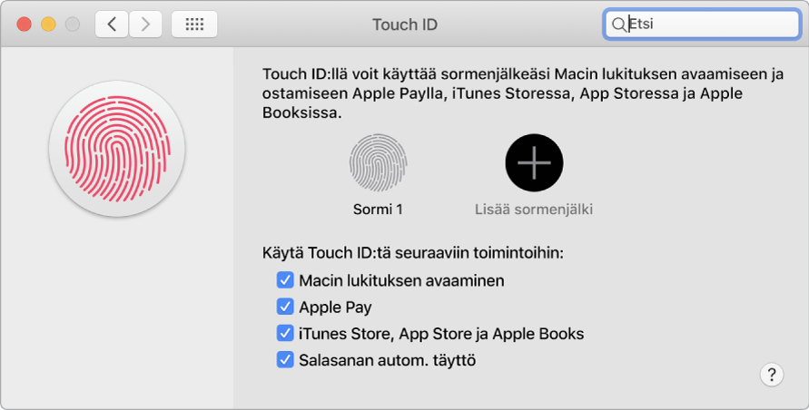 Touch ID -asetusten ikkuna, jossa valinnat sormenjäljen lisäämiselle ja Touch ID:n käyttämiselle Macin avaamiseen, Apple Payn käyttämiseen ja ostosten tekemiseen iTunes Storessa, App Storessa ja Book Storessa.