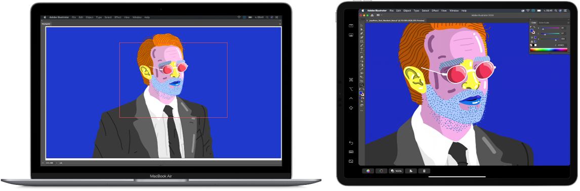 MacBook Air และ iPad ตั้งอยู่ข้างกัน MacBook Air แสดงงานศิลปะที่อยู่ในหน้าต่างการนำทางของ Illustrator iPad แสดงงานศิลปะเดียวกันในหน้าต่างเอกสารของ Illustrator และมีแถบเครื่องมืออยู่รอบๆ