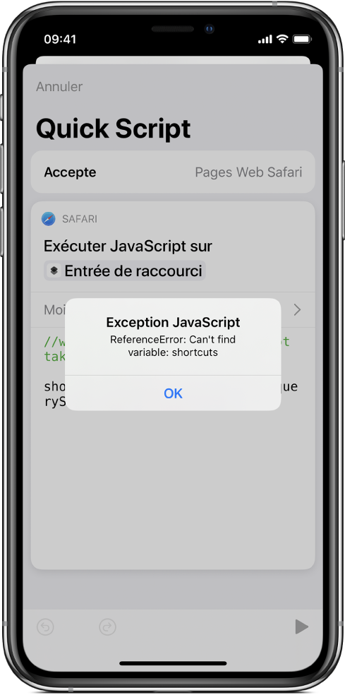 Éditeur de raccourcis qui affiche un message d’erreur « Exception JavaScript ».