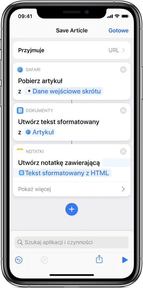 Czynności wyświetlane w edytorze skrótów.
