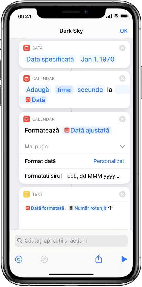 Acțiune “Formatați data” cu un câmp personalizat “Formatați șirul”, în editorul de scurtături.