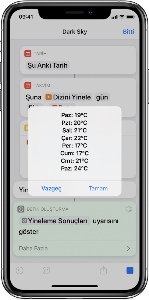 Kestirme düzenleyicide haftalık ortalama sıcaklık değerlerini gösteren uyarı.