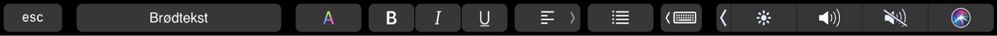 Touch Bar til Pages med knapper til ændring af afsnitsformater, tekstfarve, tekstformatering og tekstjustering. Der er også en knap til indtastningsforslag.