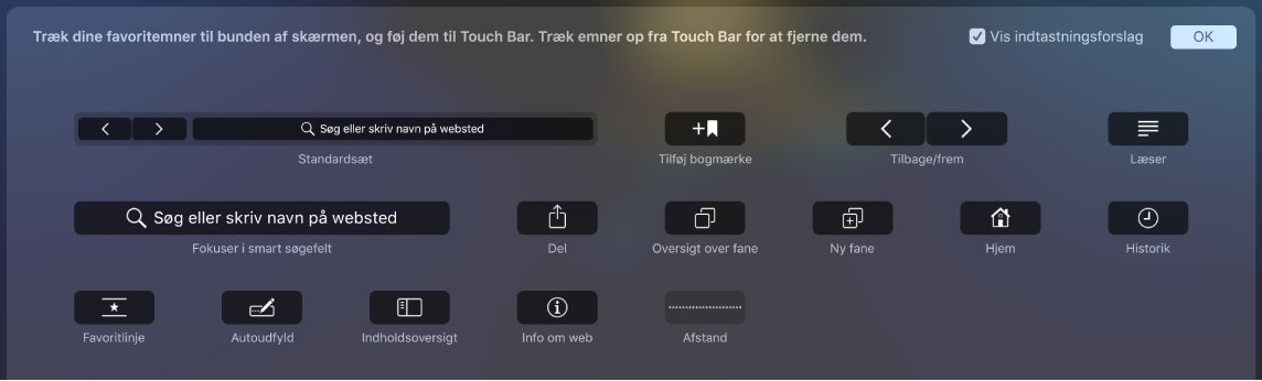 Indstillingerne for tilpasning af Safari, som kan trækkes til Touch Bar.