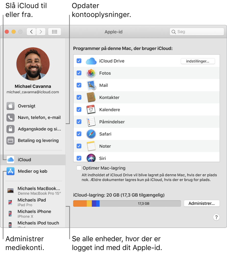 Vinduet Apple-id i Systemindstillinger. Klik på et emne i indholdsoversigten for at opdatere dine kontooplysninger, slå iCloud til eller fra, administrere mediekonti og se alle enheder, der er logget ind med dit Apple-id.