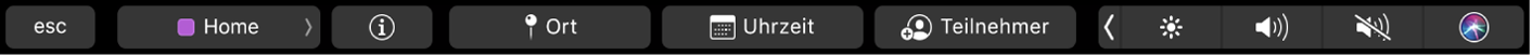 Die Kalender-Touch Bar mit Tasten zum Auswählen von Kalendern, zum Anzeigen von Ereignisdetails, zum Bearbeiten von Ort und Zeit sowie zum Hinzufügen von Teilnehmern