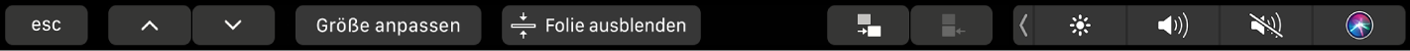Die Keynote-Touch Bar mit den Pfeiltasten sowie den Tasten „Größe anpassen“, „Folie ausblenden“, „Folie einrücken“ und „Folie ausrücken“.