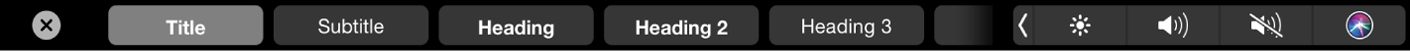 The Pages Touch Bar displaying paragraph format styles, including title, heading, and caption.