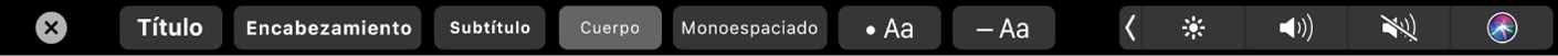La Touch Bar de Notas con botones para establecer estilos de párrafos que incluyen Título, Encabezamiento y Cuerpo, así como botones relacionados con las opciones de listas, que incluyen viñetas, guiones y números.