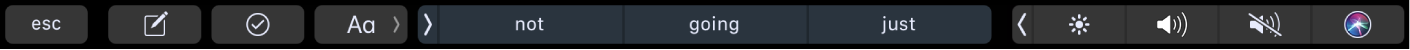 La Touch Bar de Notas con botones para crear una nueva nota, añadir una lista de comprobación y editar una nota. También hay botones que muestran las sugerencias de escritura.