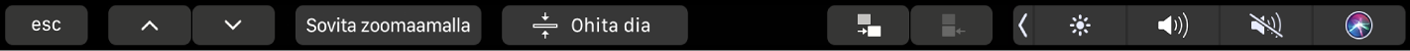 Keynoten Touch Bar, jossa näkyvillä nuolipainikkeet, sovituspainike, dian ohituspainike, dian sisennyspainike ja dian ulonnuspainike.