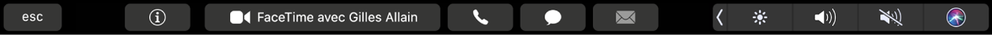Touch Bar de FaceTime affichant des boutons pour obtenir des informations sur un contact, passer un appel vidéo ou audio, et envoyer un message ou un e-mail.