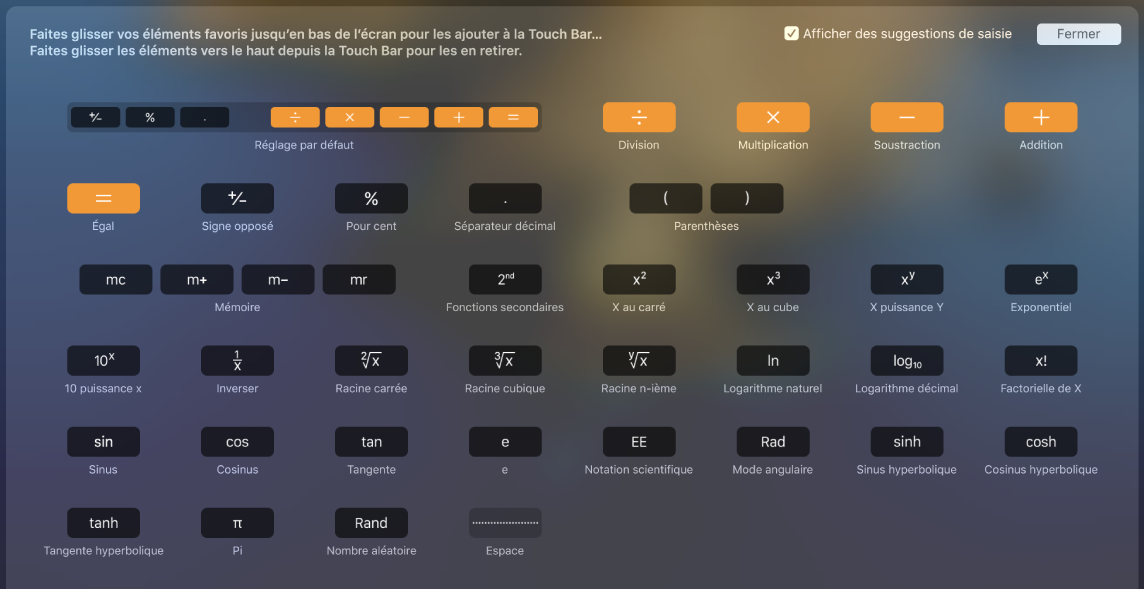 Éléments que vous pouvez personnaliser dans la Touch Bar Calculette en les faisant glisser dans la Touch Bar.