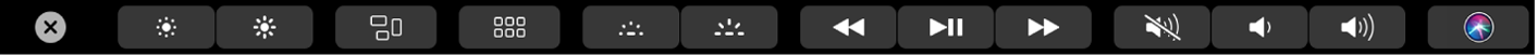 Touch Bar con Control Strip aperta che mostra i pulsanti per la luminosità dello schermo, Mission Control, Launchpad, la luminosità della tastiera, i controlli multimediali, il volume e Siri.