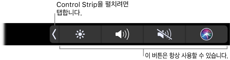 축소된 Control Strip을 표시하는 기본 Touch Bar가 나타난 화면의 일부 확장 버튼을 탭하여 Control Strip 전체를 표시합니다.