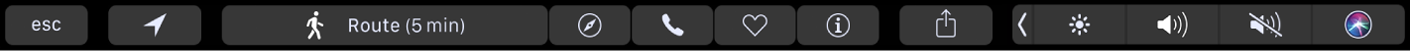 De Touch Bar voor Kaarten met de knop 'Route' waarmee je een routebeschrijving kunt opvragen en knoppen voor Safari, bellen, favorieten en info.