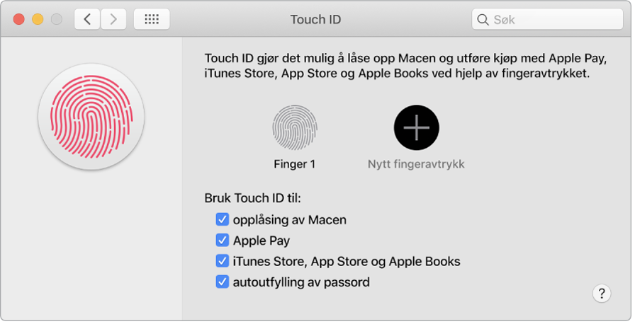 Touch ID-valgpanelet med valg for å legge til et fingeravtrykk og bruke Touch ID til å låse opp Macen, bruke Apple Pay og kjøpe fra iTunes Store, App Store og Nettbokhandel.