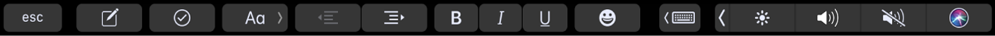 Touch Bar for Notater med tekstformateringsknapper. Formateringskontroller for venstre- og høyrejustering og halvfet, kursiv og understrek. Det er også en knapp for å vise skriveforslag.