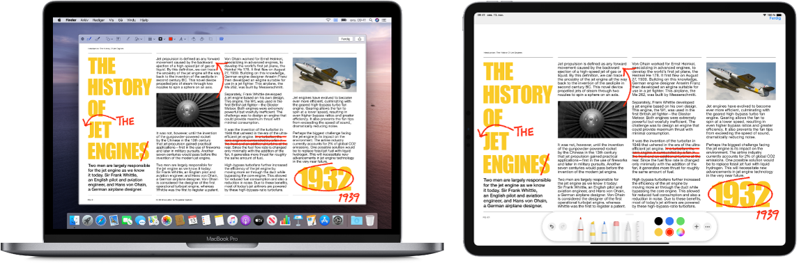 En MacBook Pro og iPad ved siden av hverandre. Begge skjermene viser en artikkel som er full av røde merknader, for eksempel utkryssede setninger, piler og ekstra ord. På iPaden vises også kontroller for merking nederst på skjermen.