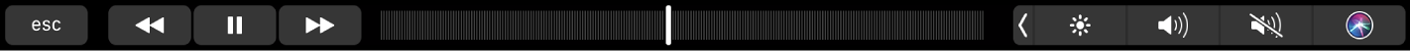 Pasek Touch Bar w aplikacji Muzyka zawierający przyciski przewijania do tyłu, wstrzymywania i przewijania do przodu. Widoczny jest także pasek przewijana ułatwiający nawigację w obrębie utworu.