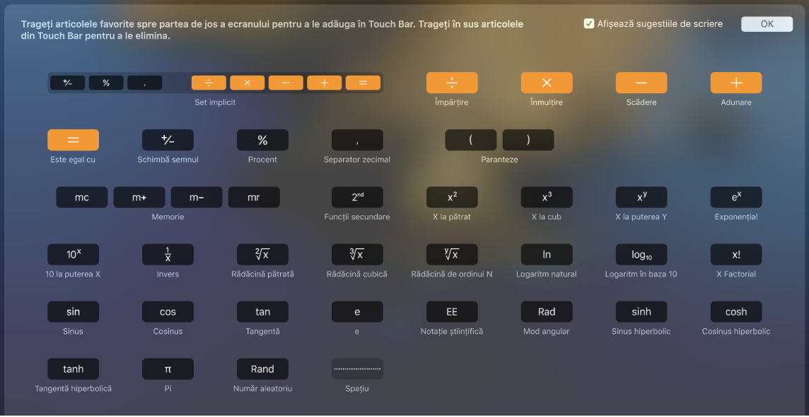 Articolele pe care le puteți personaliza în Touch Bar pentru Calculator, prin tragerea lor în Touch Bar.