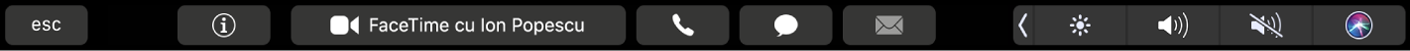 Touch Bar pentru FaceTime, cu butoane pentru obținerea de informații despre un contact și efectuarea unui apel video sau audio sau pentru trimiterea unui mesaj sau e-mail.
