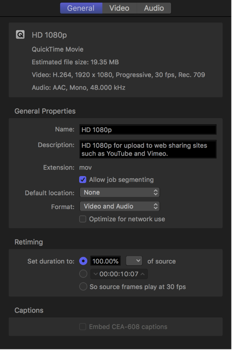 「HD 1080p」設定のプロパティが表示されている「インスペクタ」
