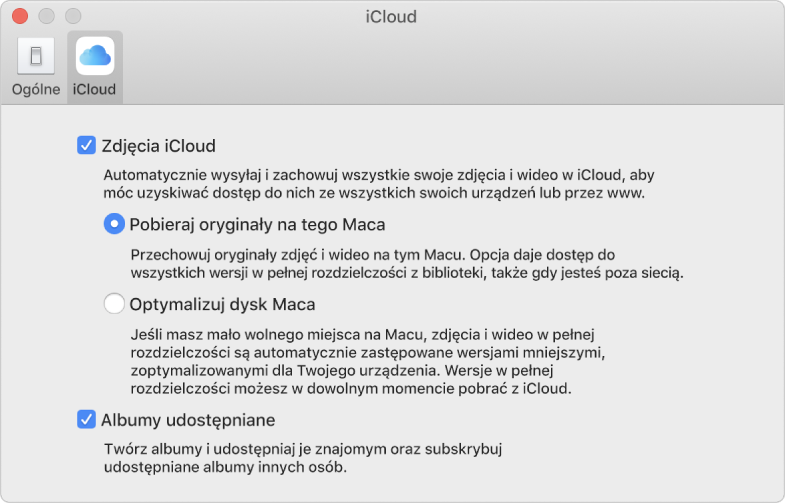 Panel iCloud w preferencjach Zdjęć.