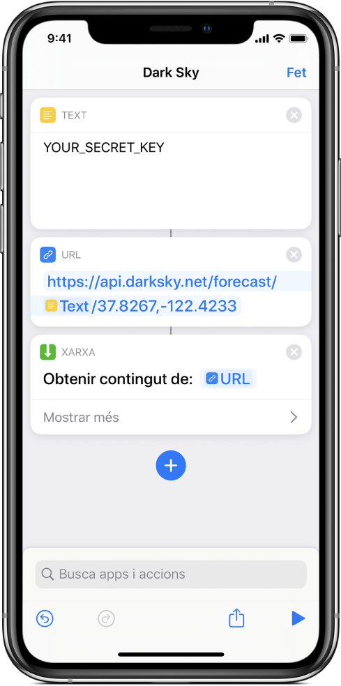 Una sol·licitud de l’API Dark Sky que conté una acció de Text amb una clau d’API secreta, seguida per una acció URL que apunta al punt final de l’API mitjançant una variable de clau secreta, seguida de l’acció “Obtenir el contingut de l’URL”.