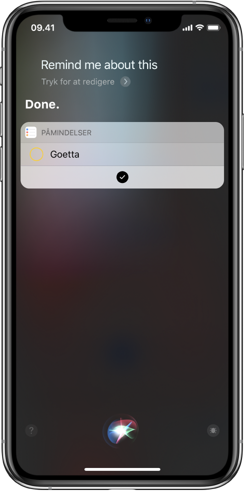 Siri-skærm, der viser tilføjelse af en genvej til dine påmindelser.