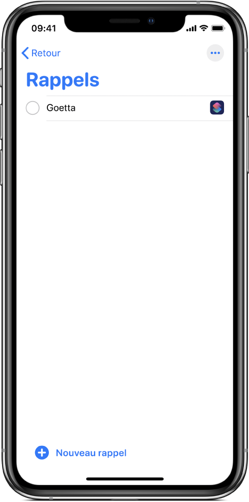 L’app Rappels affichant le nouveau rappel du raccourci.
