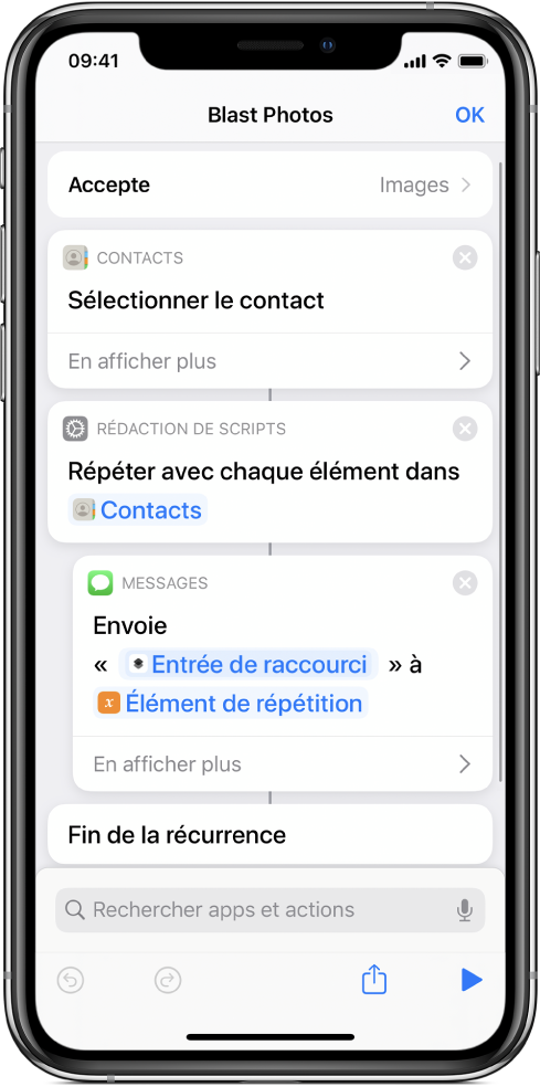 Exemple de raccourci montrant des actions « Répéter ».